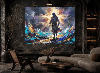 Jesus Walking on Water Canvas Wall Art, Colorful Abstract Christian Print for Modern Home or Prayer Room — Framed Print wall