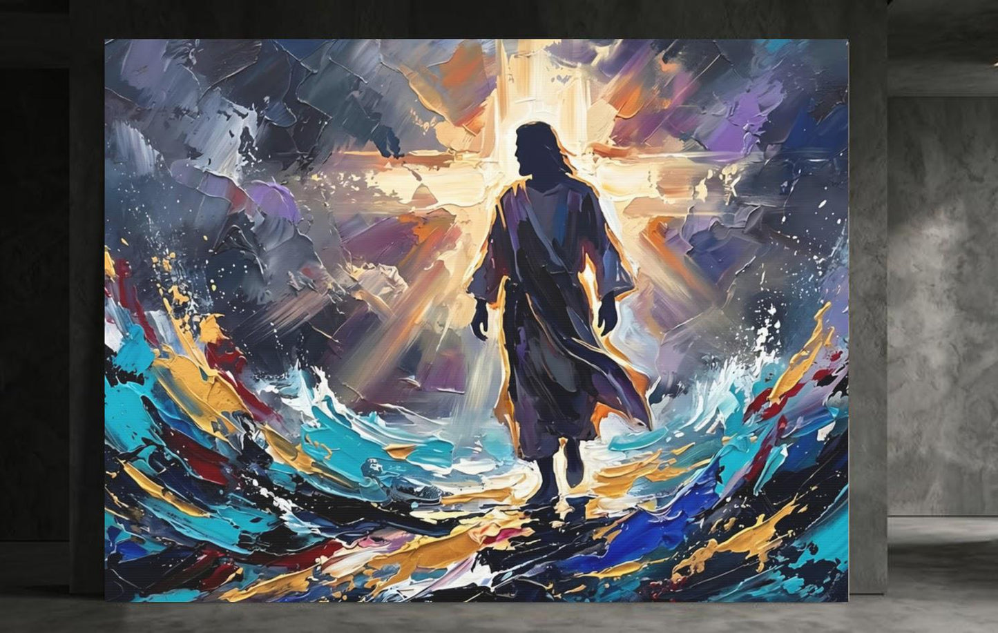 Jesus Walking on Water Canvas Wall Art, Colorful Abstract Christian Print for Modern Home or Prayer Room — Framed Print wall