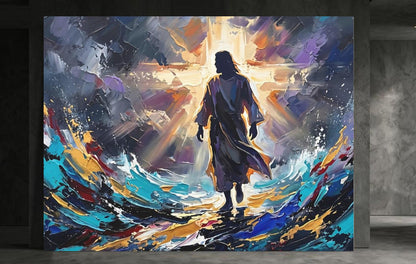 Jesus Walking on Water Canvas Wall Art, Colorful Abstract Christian Print for Modern Home or Prayer Room — Framed Print wall
