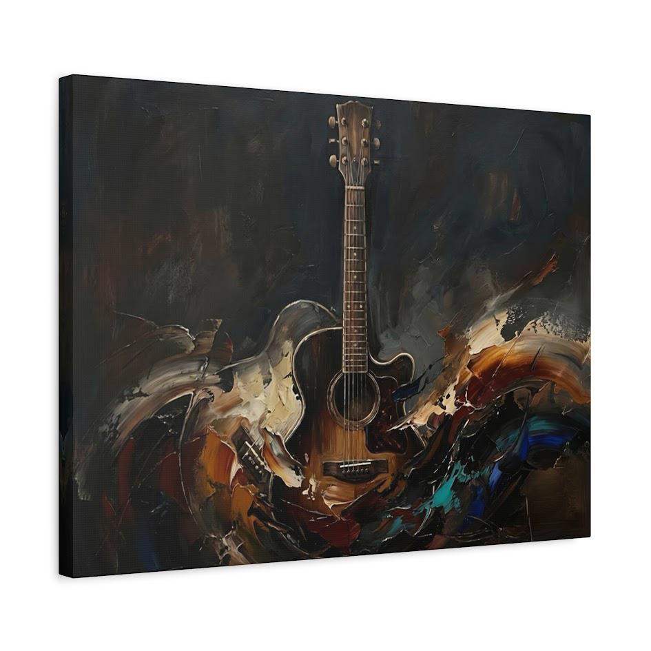 Acoustic Guitar Canvas Wall Art, Dark Moody Abstract Music Print for Home Studio or Man Cave — Canvas wall art