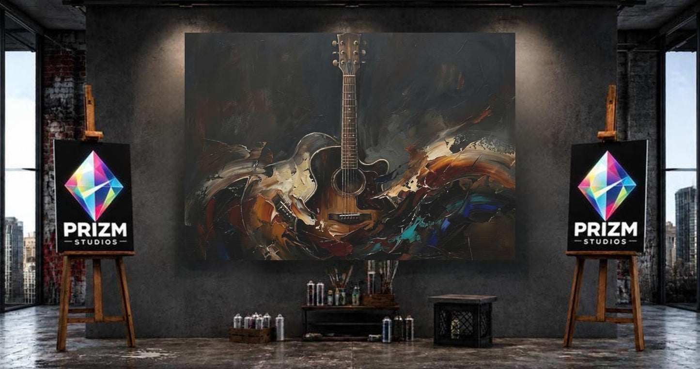 Acoustic Guitar Canvas Wall Art, Dark Moody Abstract Music Print for Home Studio or Man Cave — Framed Print wall art