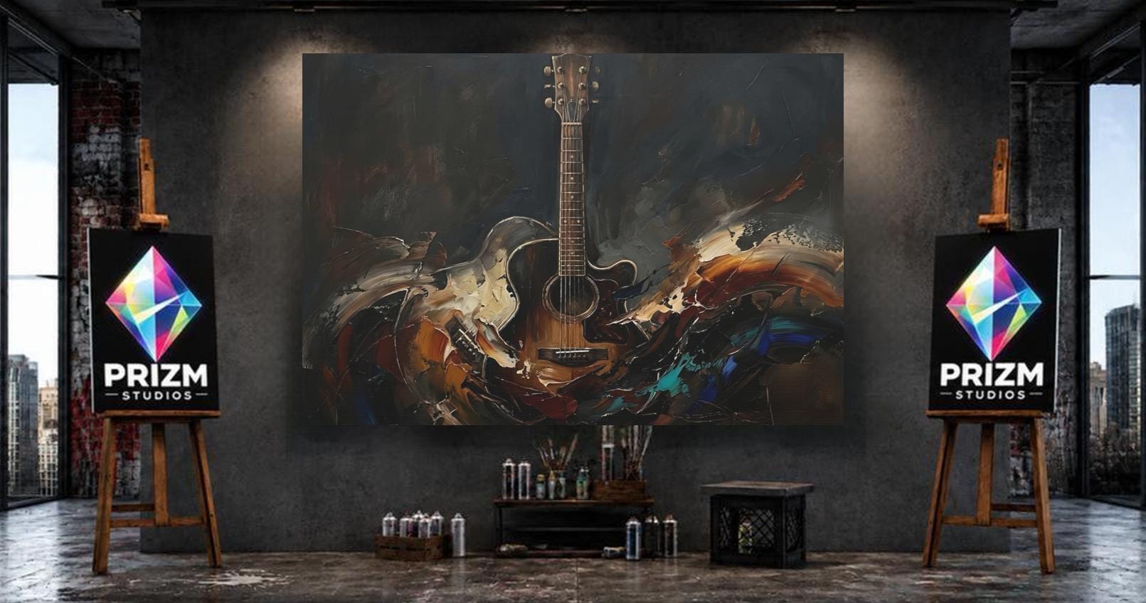Acoustic Guitar Canvas Wall Art, Dark Moody Abstract Music Print for Home Studio or Man Cave — Framed Print wall art
