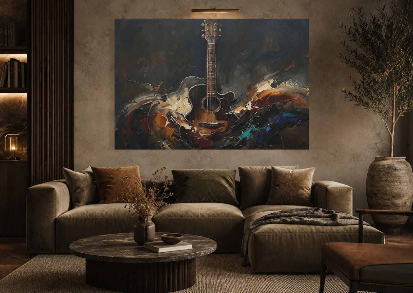 Acoustic Guitar Canvas Wall Art, Dark Moody Abstract Music Print for Home Studio or Man Cave — Framed Print wall art