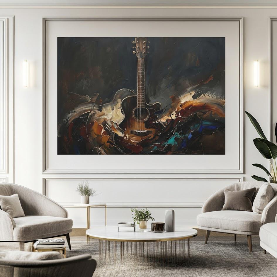 Acoustic Guitar Canvas Wall Art, Dark Moody Abstract Music Print for Home Studio or Man Cave — Framed Print wall art