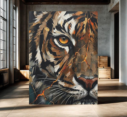 Tiger Canvas Wall Art, Abstract Predator Face Print for Executive Office or Man Cave — Framed Print wall art