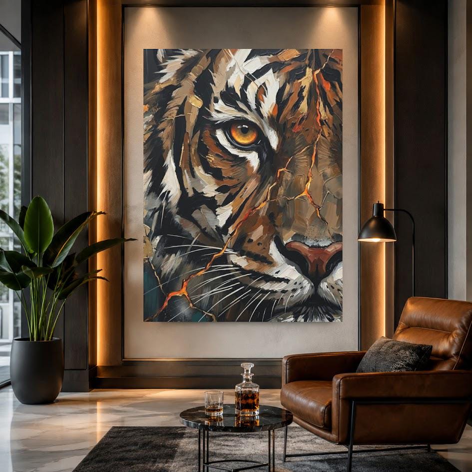 Tiger Canvas Wall Art, Abstract Predator Face Print for Executive Office or Man Cave — Framed Print wall art