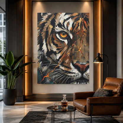 Tiger Canvas Wall Art, Abstract Predator Face Print for Executive Office or Man Cave — Framed Print wall art
