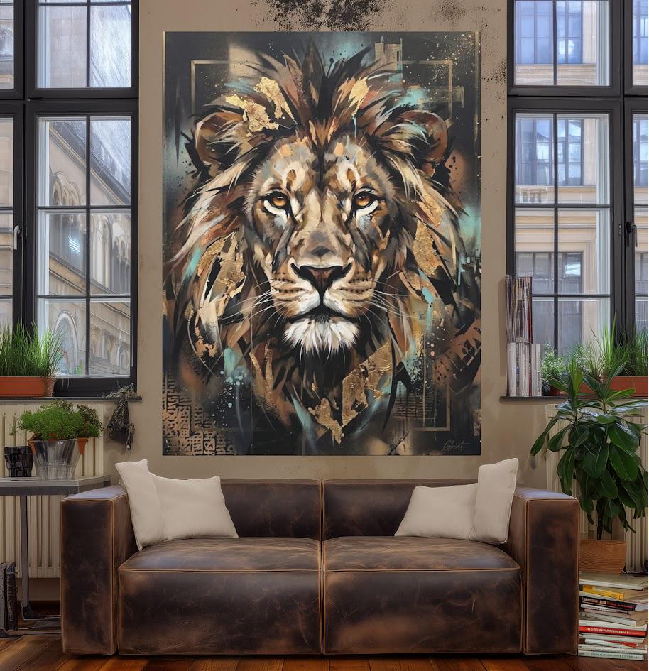 Lion Canvas Wall Art, Abstract Gold Leaf Predator Print for Executive Office or Man Cave — Framed Print wall art