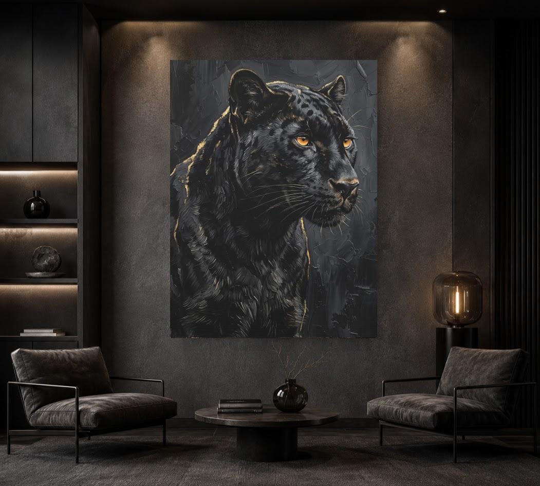 Black Panther Canvas Wall Art, Dark Moody Abstract Animal Print for Industrial Loft or Man Cave — Framed Print wall art