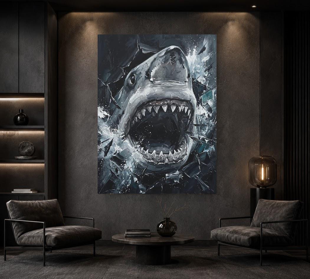Great White Shark Canvas Wall Art, Aggressive Ocean Predator Print for Executive Office or Man Cave — Framed Print wall art