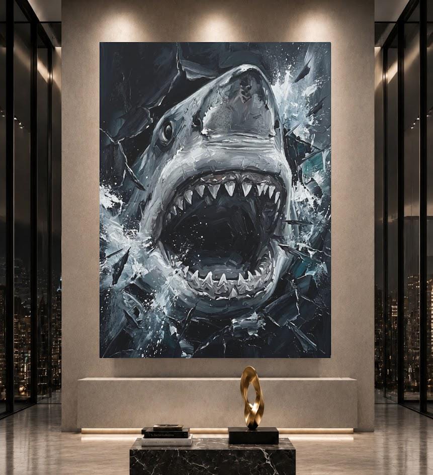 Great White Shark Canvas Wall Art, Aggressive Ocean Predator Print for Executive Office or Man Cave — Framed Print wall art