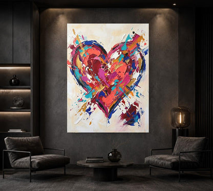 Colorful Heart Canvas Wall Art, Abstract Pop Art Print for Eclectic Bedroom or Gallery Wall — Framed Print wall art