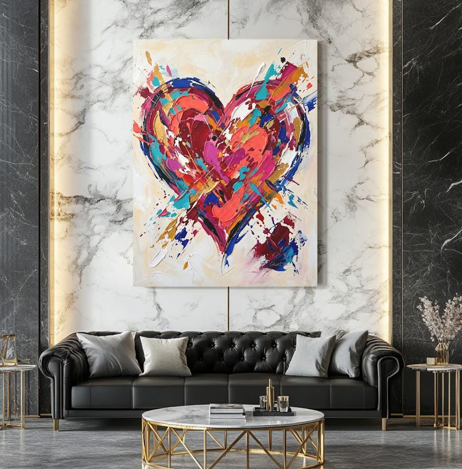 Colorful Heart Canvas Wall Art, Abstract Pop Art Print for Eclectic Bedroom or Gallery Wall — Framed Print wall art