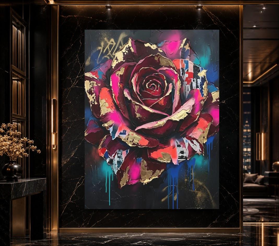 Dark Moody Floral Canvas Wall Art, Abstract Street Art Rose Print for Eclectic Bedroom or Lounge — Framed Print wall art