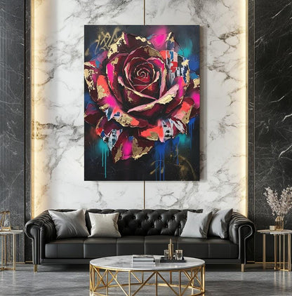 Dark Moody Floral Canvas Wall Art, Abstract Street Art Rose Print for Eclectic Bedroom or Lounge — Framed Print wall art