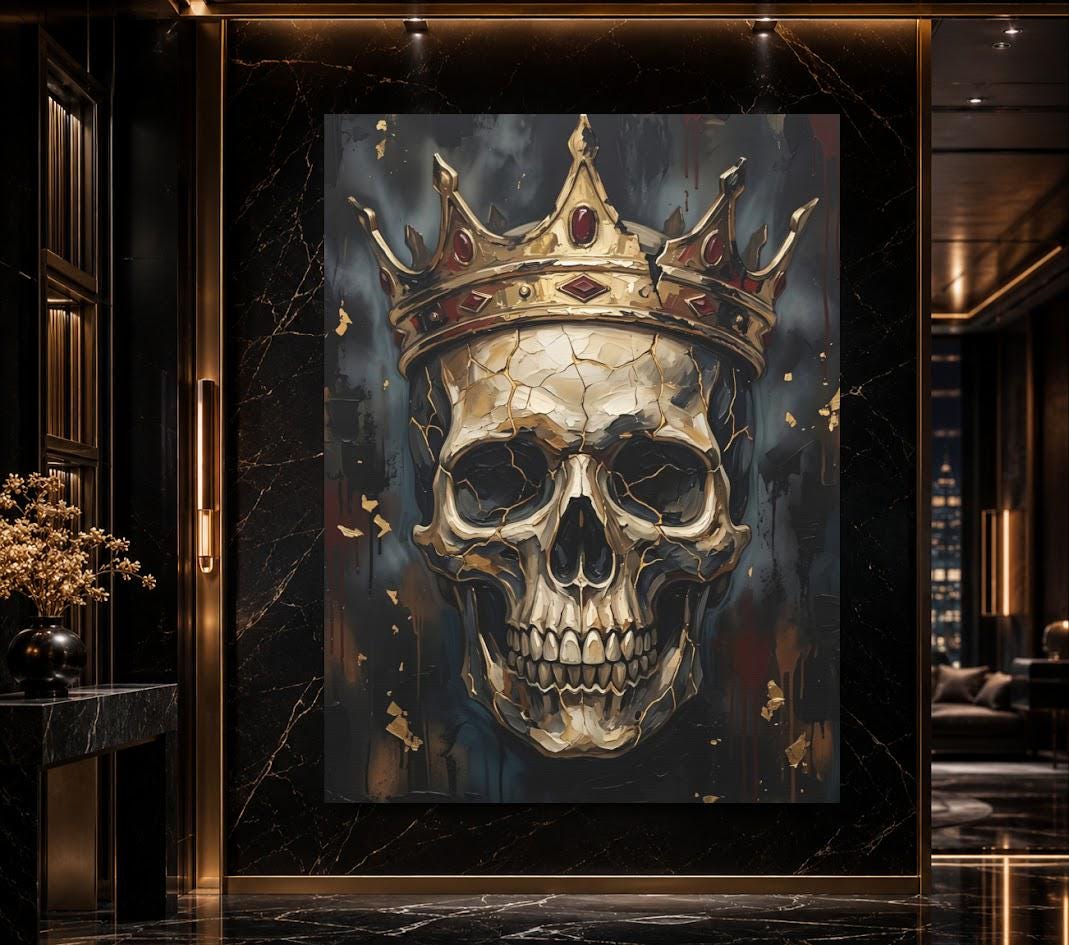 Crowned Skull Canvas Wall Art, Dark Moody Memento Mori Print for Luxury Man Cave or Bachelor Pad — Framed Print wall art