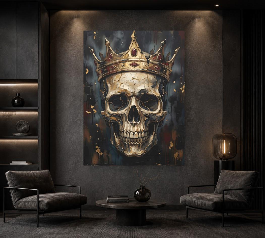 Crowned Skull Canvas Wall Art, Dark Moody Memento Mori Print for Luxury Man Cave or Bachelor Pad — Framed Print wall art