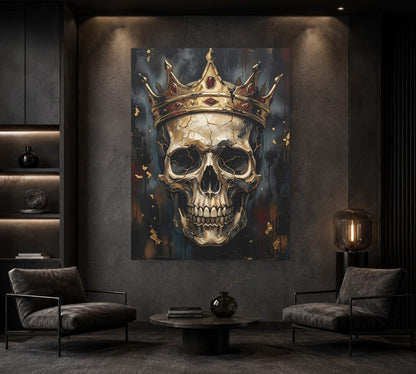 Crowned Skull Canvas Wall Art, Dark Moody Memento Mori Print for Luxury Man Cave or Bachelor Pad — Framed Print wall art