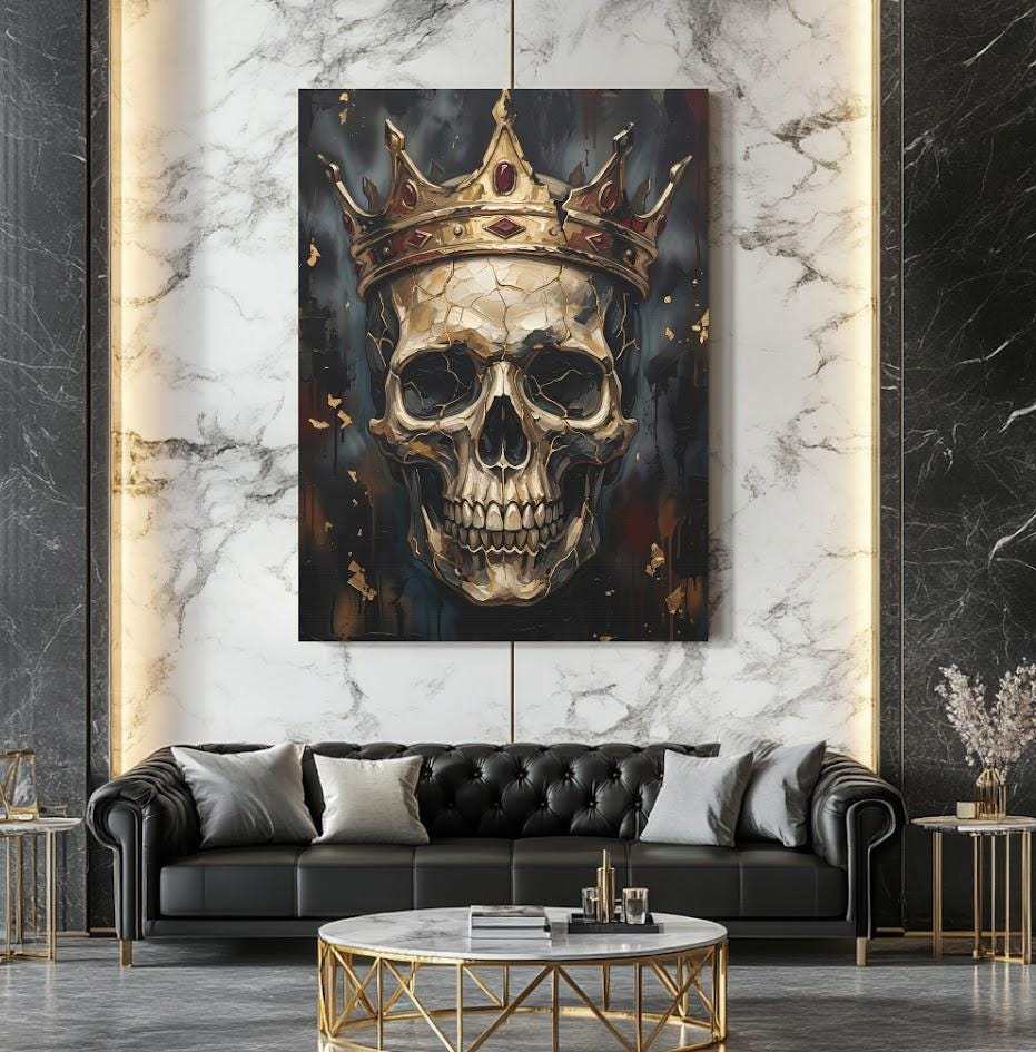 Crowned Skull Canvas Wall Art, Dark Moody Memento Mori Print for Luxury Man Cave or Bachelor Pad — Framed Print wall art