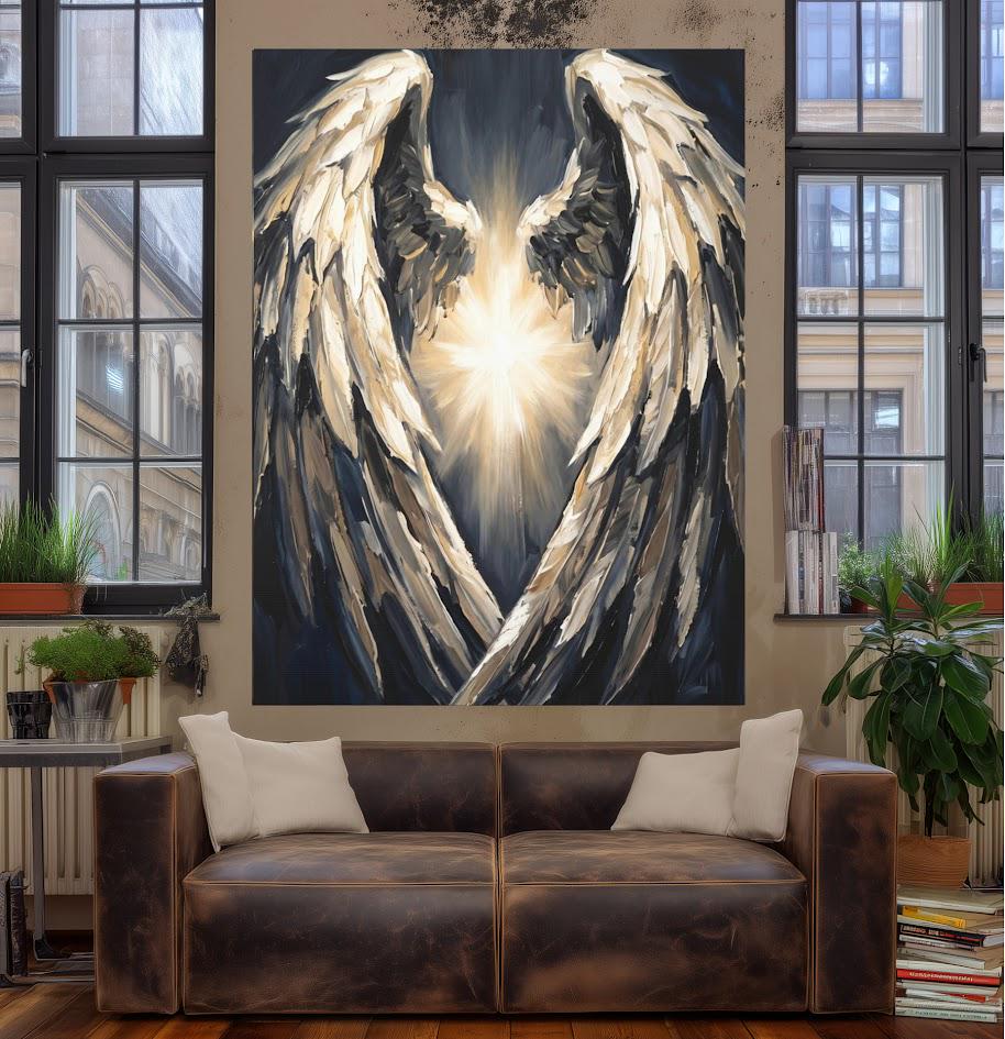 Angel Wings Canvas Wall Art, Dark Moody Abstract Spiritual Print for Modern Bedroom or Prayer Room Decor — Framed Print wall