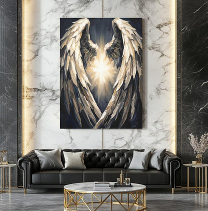 Angel Wings Canvas Wall Art, Dark Moody Abstract Spiritual Print for Modern Bedroom or Prayer Room Decor — Framed Print wall
