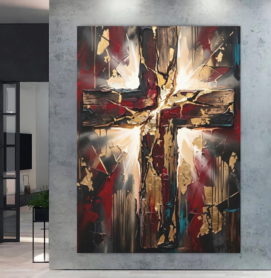 Wooden Cross Canvas Wall Art, Dark Moody Abstract Christian Print for Modern Prayer Room or Office — Framed Print wall art