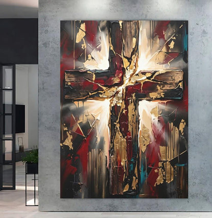 Wooden Cross Canvas Wall Art, Dark Moody Abstract Christian Print for Modern Prayer Room or Office — Framed Print wall art