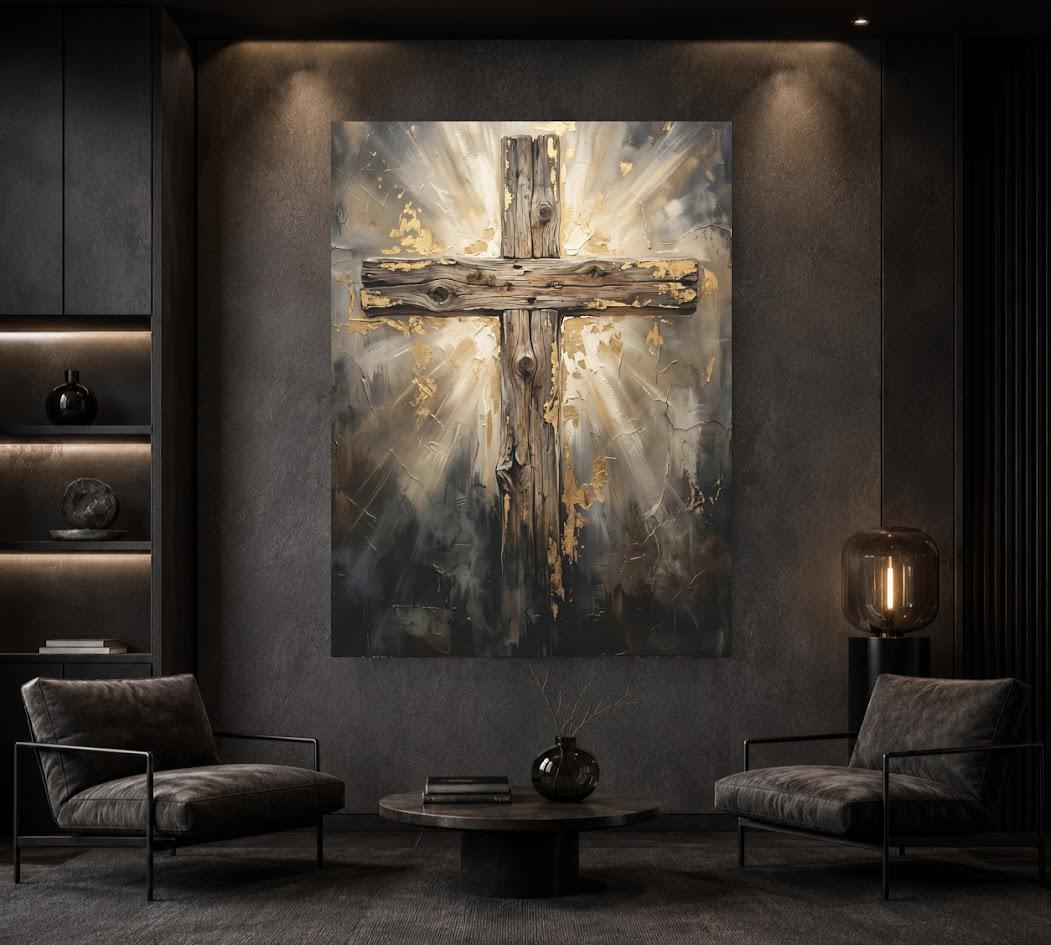 Rustic Wooden Cross Canvas Wall Art, Glowing Gold Leaf Christian Print for Farmhouse or Prayer Room — Framed Print wall art