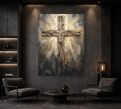 Rustic Wooden Cross Canvas Wall Art, Glowing Gold Leaf Christian Print for Farmhouse or Prayer Room — Framed Print wall art
