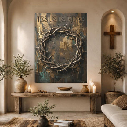 Jesus Is King Canvas Wall Art, Crown of Thorns Christian Print for Pastor Office or Church Decor — Framed Print wall art