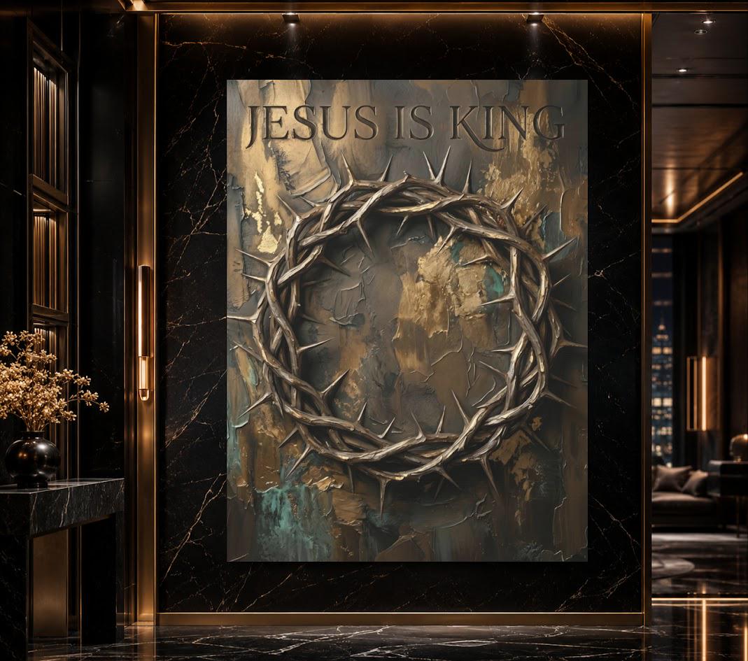 Jesus Is King Canvas Wall Art, Crown of Thorns Christian Print for Pastor Office or Church Decor — Framed Print wall art