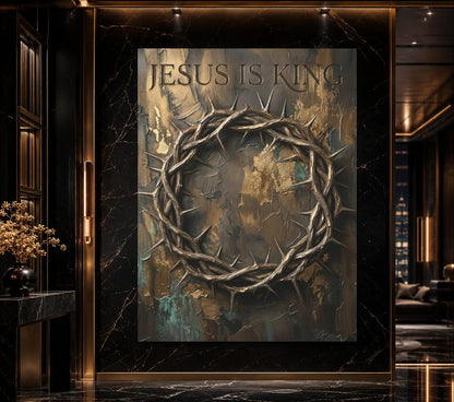 Jesus Is King Canvas Wall Art, Crown of Thorns Christian Print for Pastor Office or Church Decor — Framed Print wall art