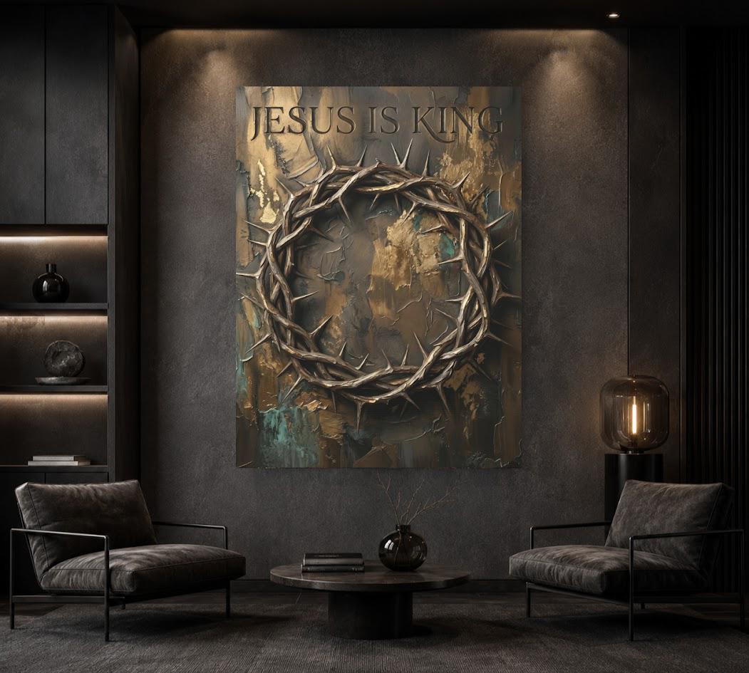 Jesus Is King Canvas Wall Art, Crown of Thorns Christian Print for Pastor Office or Church Decor — Framed Print wall art
