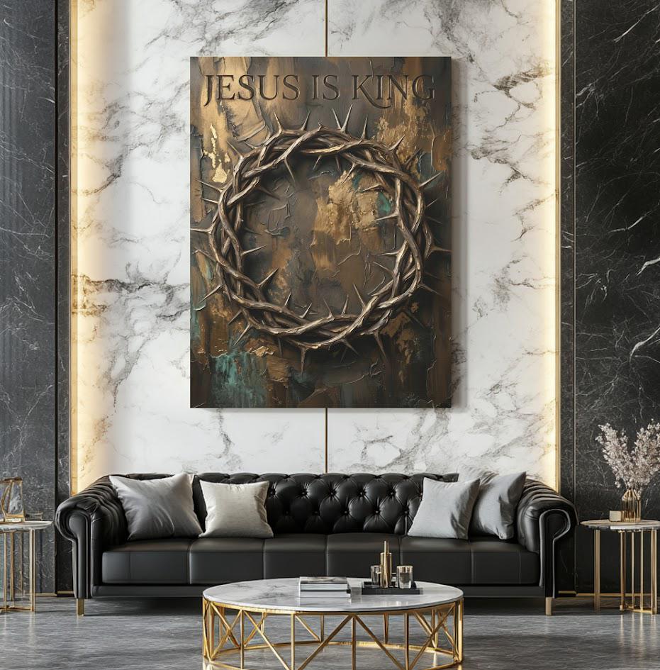 Jesus Is King Canvas Wall Art, Crown of Thorns Christian Print for Pastor Office or Church Decor — Framed Print wall art