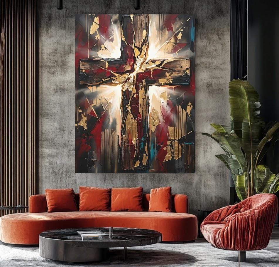 Wooden Cross Canvas Wall Art, Dark Moody Abstract Christian Print for Modern Prayer Room or Office — Poster wall art