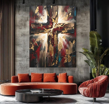 Wooden Cross Canvas Wall Art, Dark Moody Abstract Christian Print for Modern Prayer Room or Office — Poster wall art