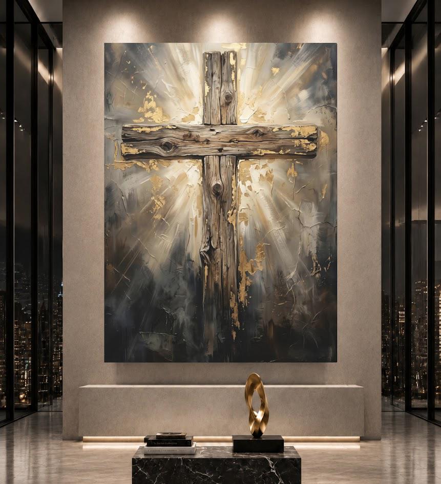 Rustic Wooden Cross Canvas Wall Art, Glowing Gold Leaf Christian Print for Farmhouse or Prayer Room — Poster wall art