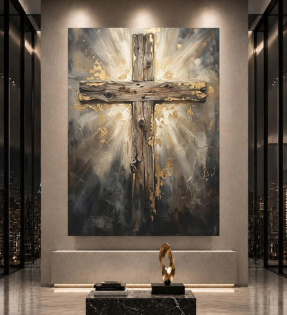 Rustic Wooden Cross Canvas Wall Art, Glowing Gold Leaf Christian Print for Farmhouse or Prayer Room — Poster wall art