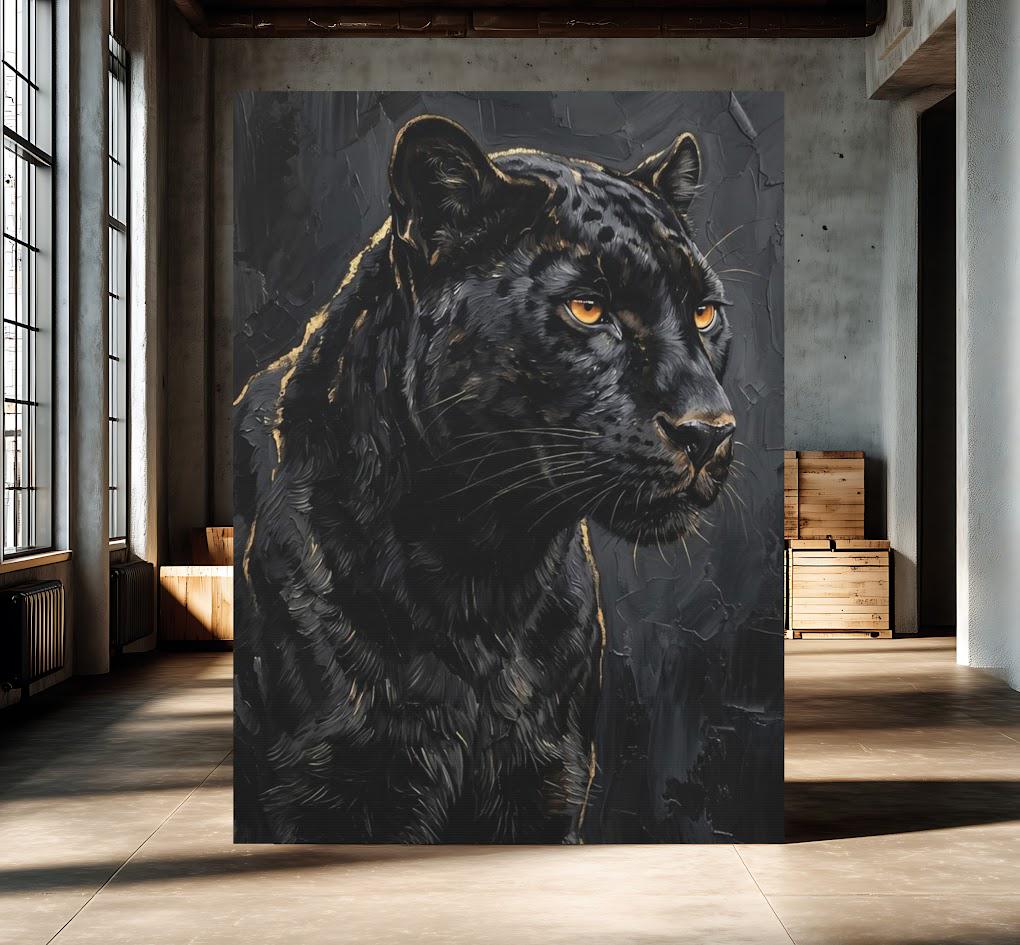 Black Panther Canvas Wall Art, Dark Moody Abstract Animal Print for Industrial Loft or Man Cave — Framed Print wall art