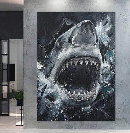 Great White Shark Canvas Wall Art, Aggressive Ocean Predator Print for Executive Office or Man Cave — Framed Print wall art