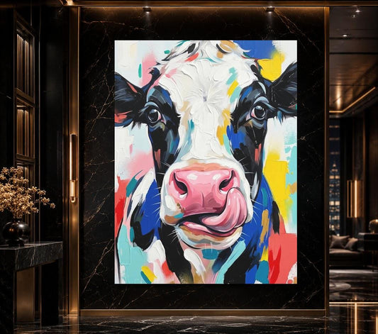 Colorful Cow Canvas Wall Art, Funny Abstract Farm Animal Print for Modern Kitchen or Eclectic Decor — Poster wall art