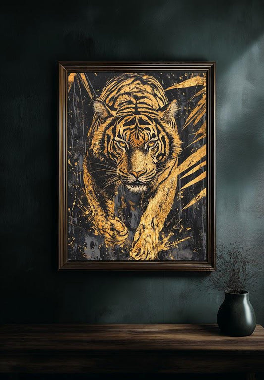 Prowling Tiger Canvas Wall Art, Dark Moody Gold Leaf Predator Print for Executive Office or Luxury Man Cave — Poster wall art