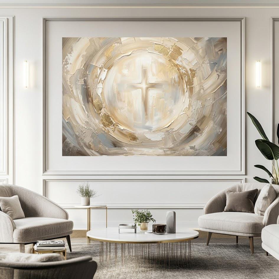 Christian Cross Canvas Wall Art, Neutral Abstract Religious Print for Living Room — Framed Print wall art