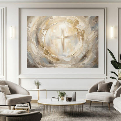 Christian Cross Canvas Wall Art, Neutral Abstract Religious Print for Living Room — Framed Print wall art