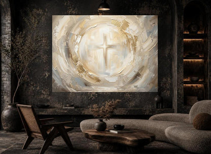 Christian Cross Canvas Wall Art, Neutral Abstract Religious Print for Living Room — Framed Print wall art