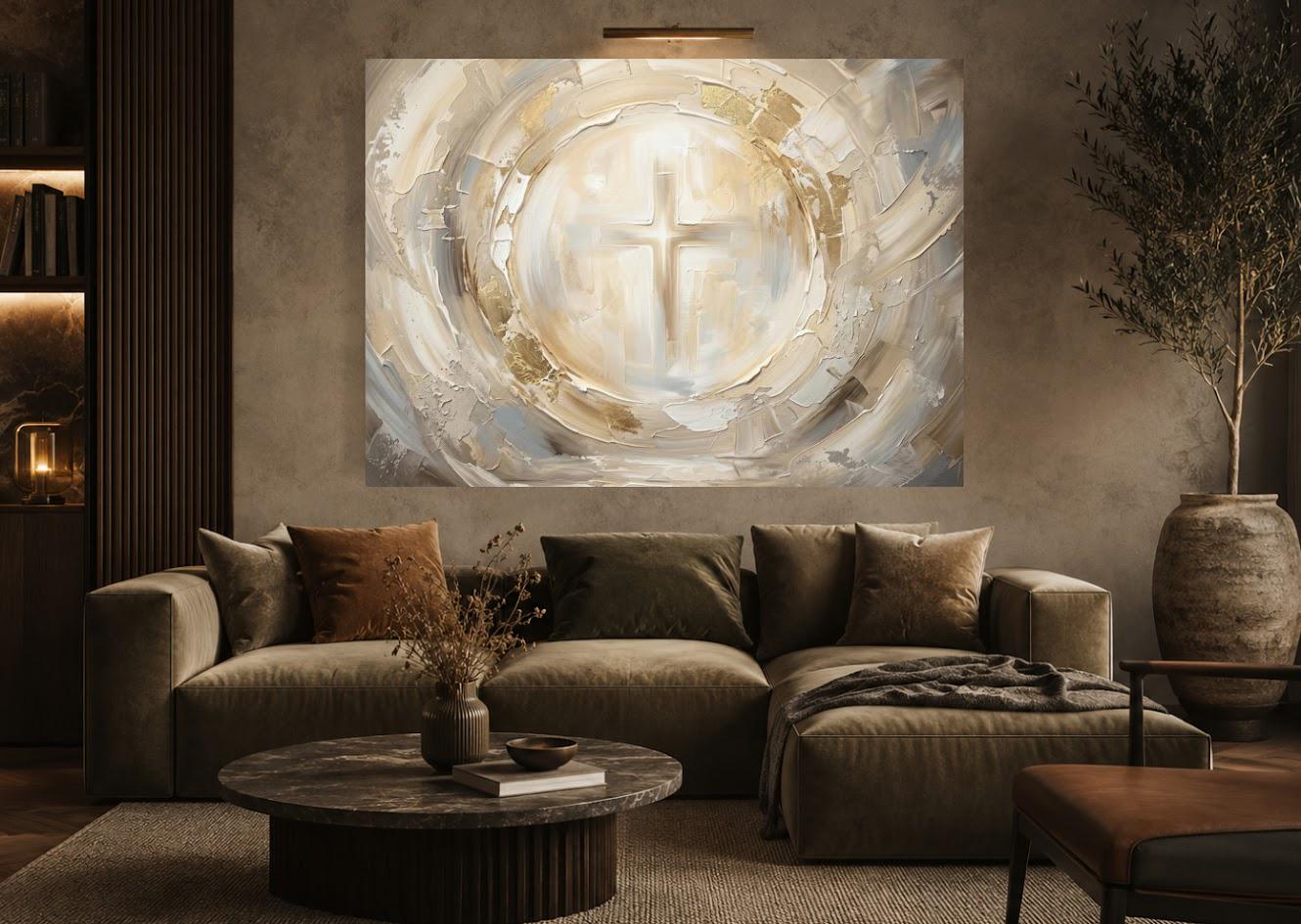 Christian Cross Canvas Wall Art, Neutral Abstract Religious Print for Living Room — Framed Print wall art