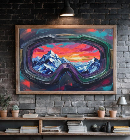 Ski Goggles Mountain Canvas Art, Colorful Snowboard Wall Print — Framed Print wall art