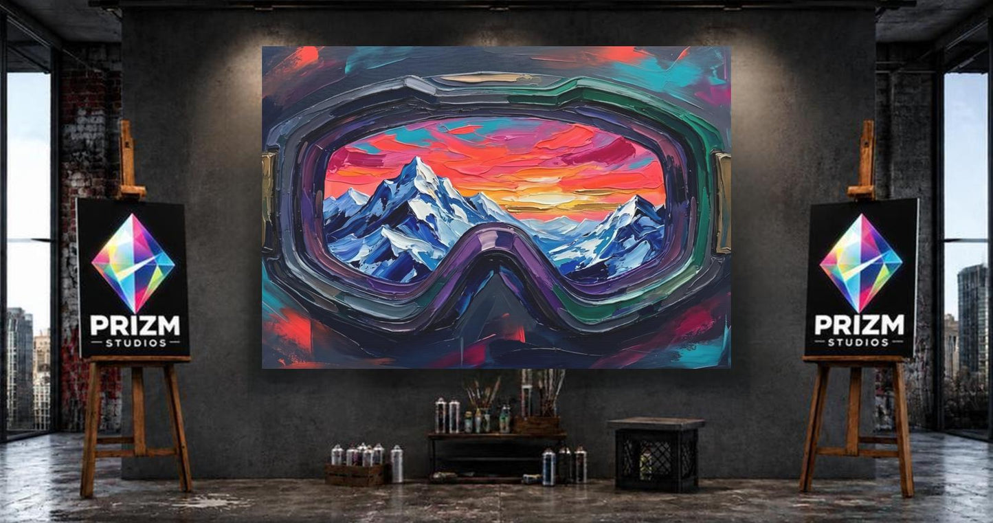 Ski Goggles Mountain Canvas Art, Colorful Snowboard Wall Print — Framed Print wall art