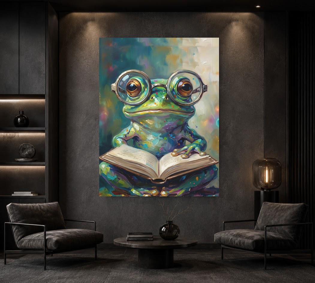 Frog Reading Canvas Wall Art, Whimsical Animal Print for Kids Room — Framed Print wall art