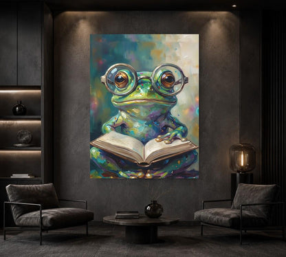 Frog Reading Canvas Wall Art, Whimsical Animal Print for Kids Room — Framed Print wall art